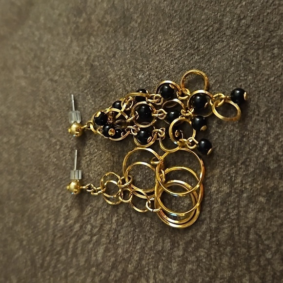 3/$30 Mismatched Circles Black Beaded Dangle Post Whimsy Nebula Earrings - Picture 2 of 3